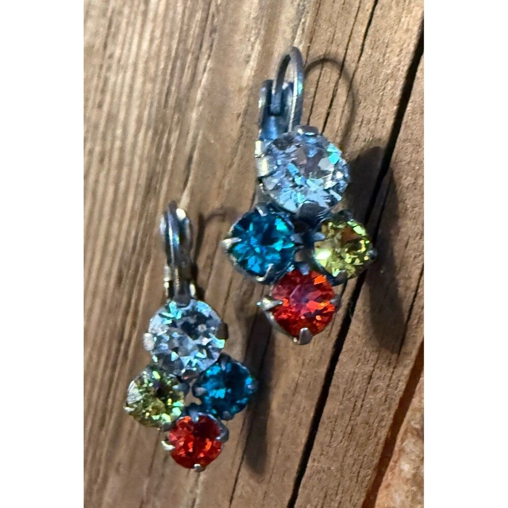 Vintage Sabika Crystal Cluster Leverback Drop Earrings Multicolor